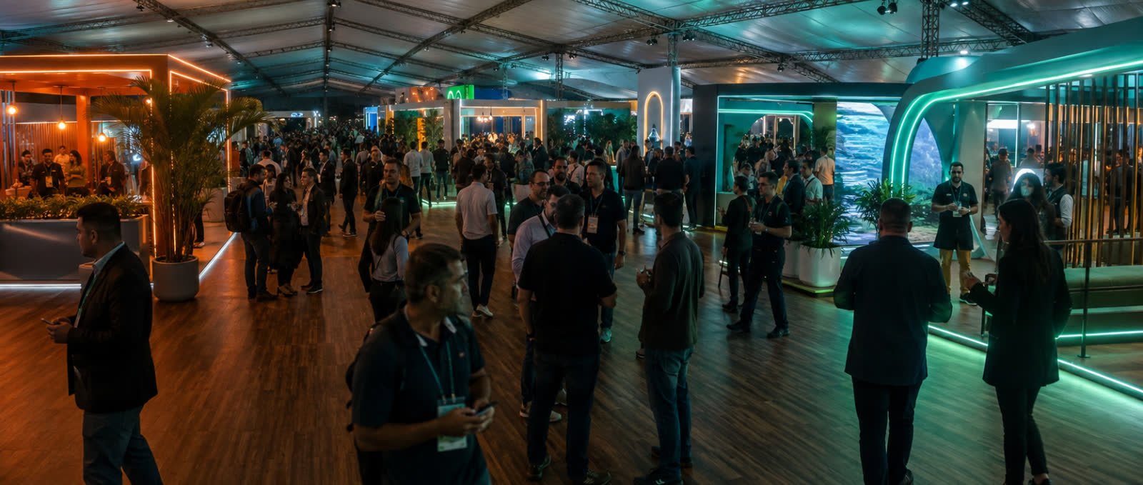 Público circulando em frente a um estande de marca em evento