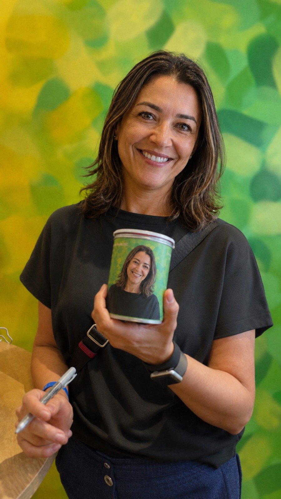 Lata personalizada com a foto da participante aplicada no rótulo