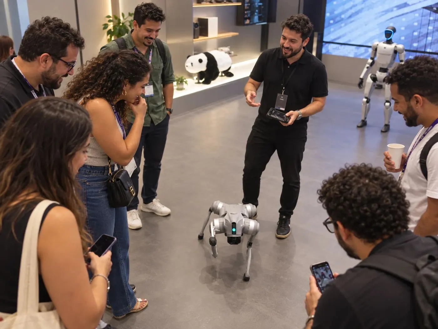 Operador da T3i conduz o Titan Cachorro Robô no meio de uma roda de participantes
