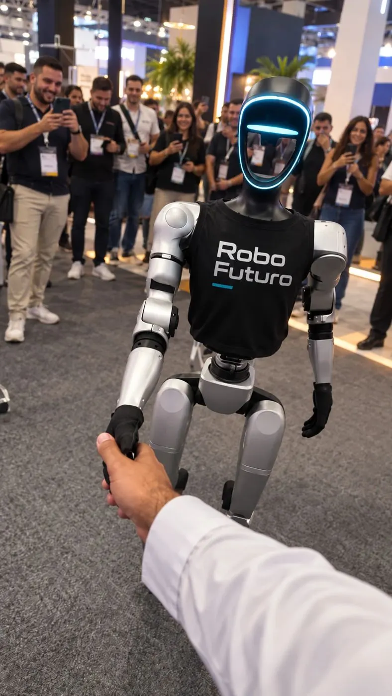 Humanoide G1 com camiseta personalizada cumprimenta um participante, com o público filmando ao fundo