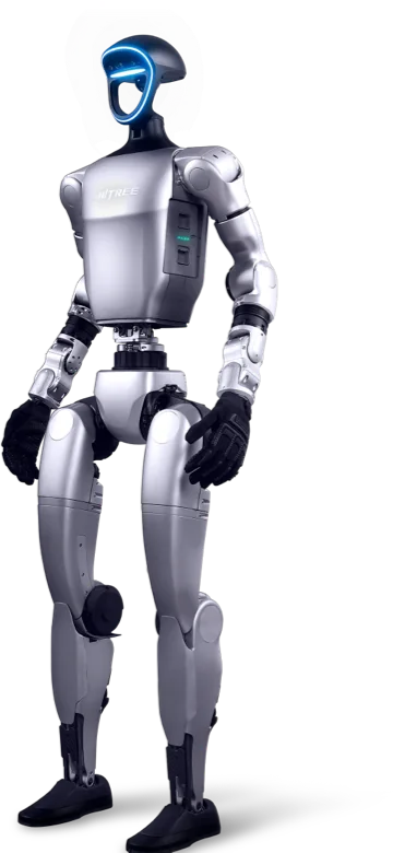 Humanoide G1, robô prateado com rosto de luz azul