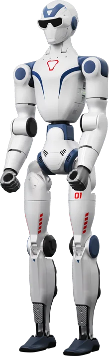 Humanoide R1, robô branco com detalhes azuis e óculos escuros