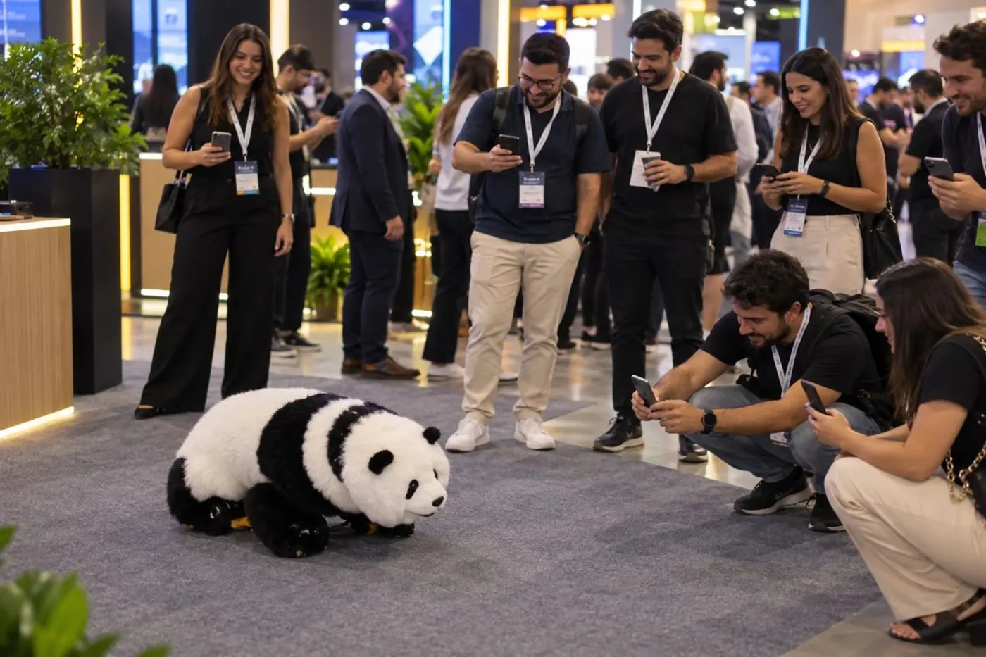 Pooh Panda Robô caminha no carpete do evento enquanto participantes se agacham para filmar
