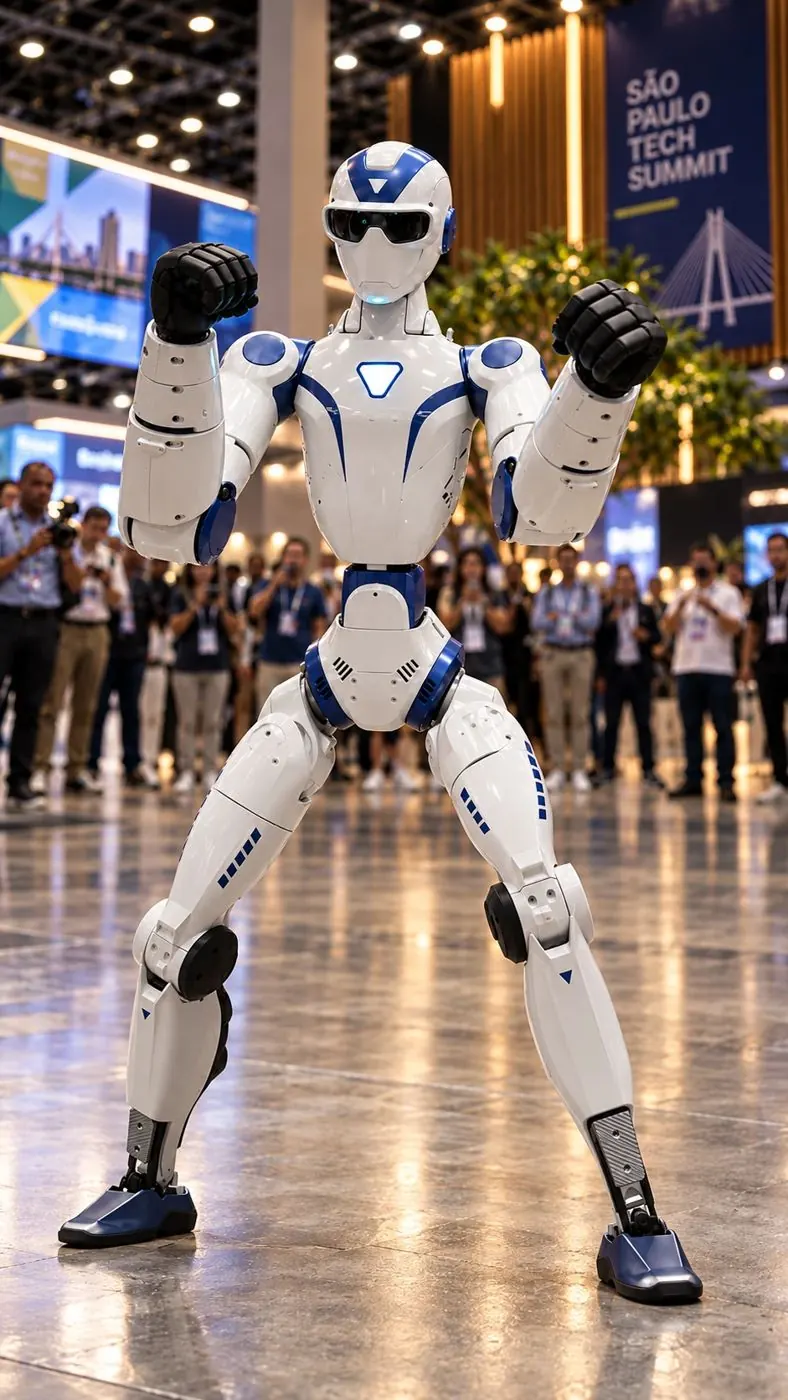 Humanoide R1 dançando num pavilhão de evento, cercado de gente filmando