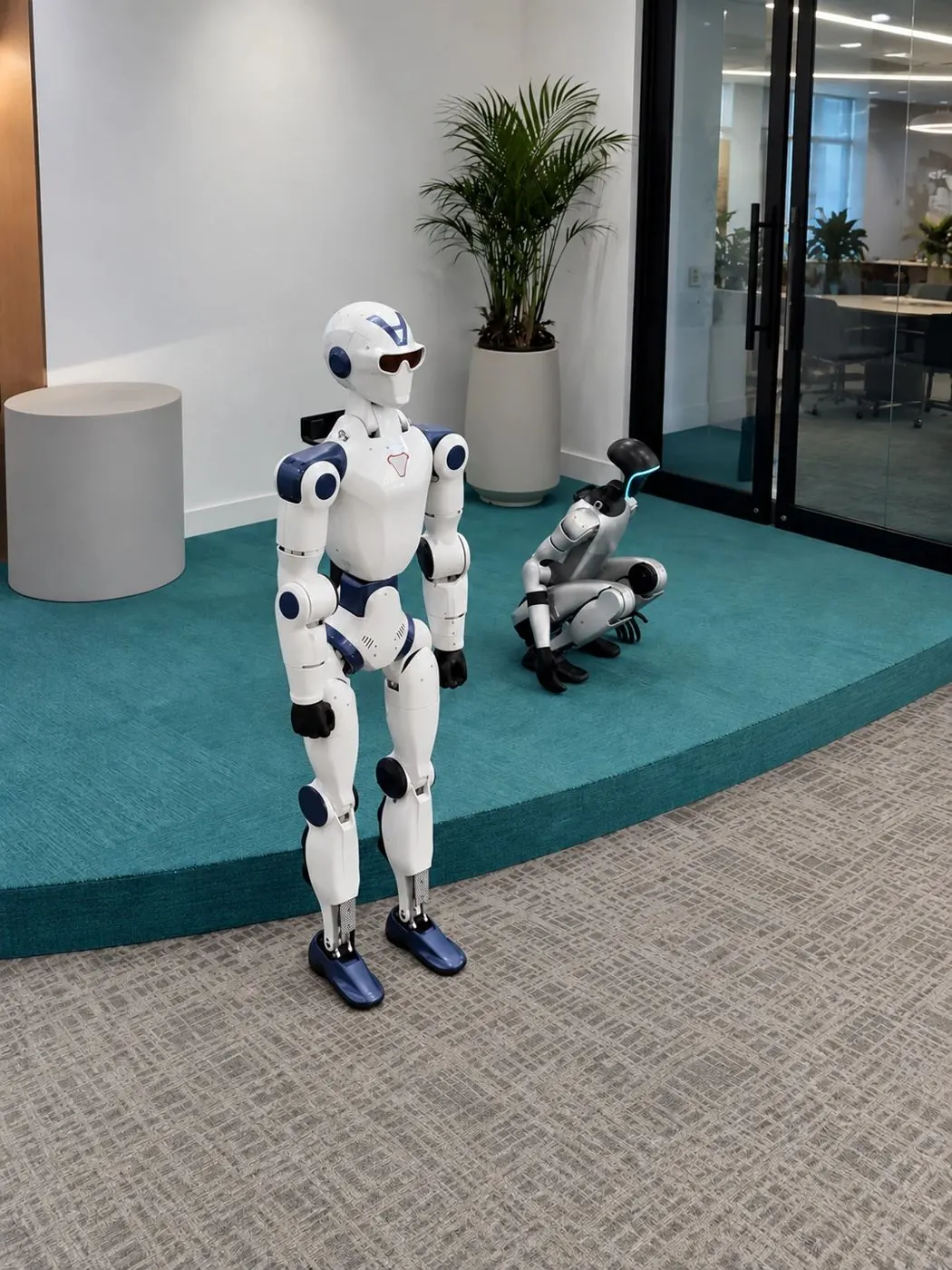 Humanoide R1 em pé e Humanoide G1 agachado num espaço corporativo